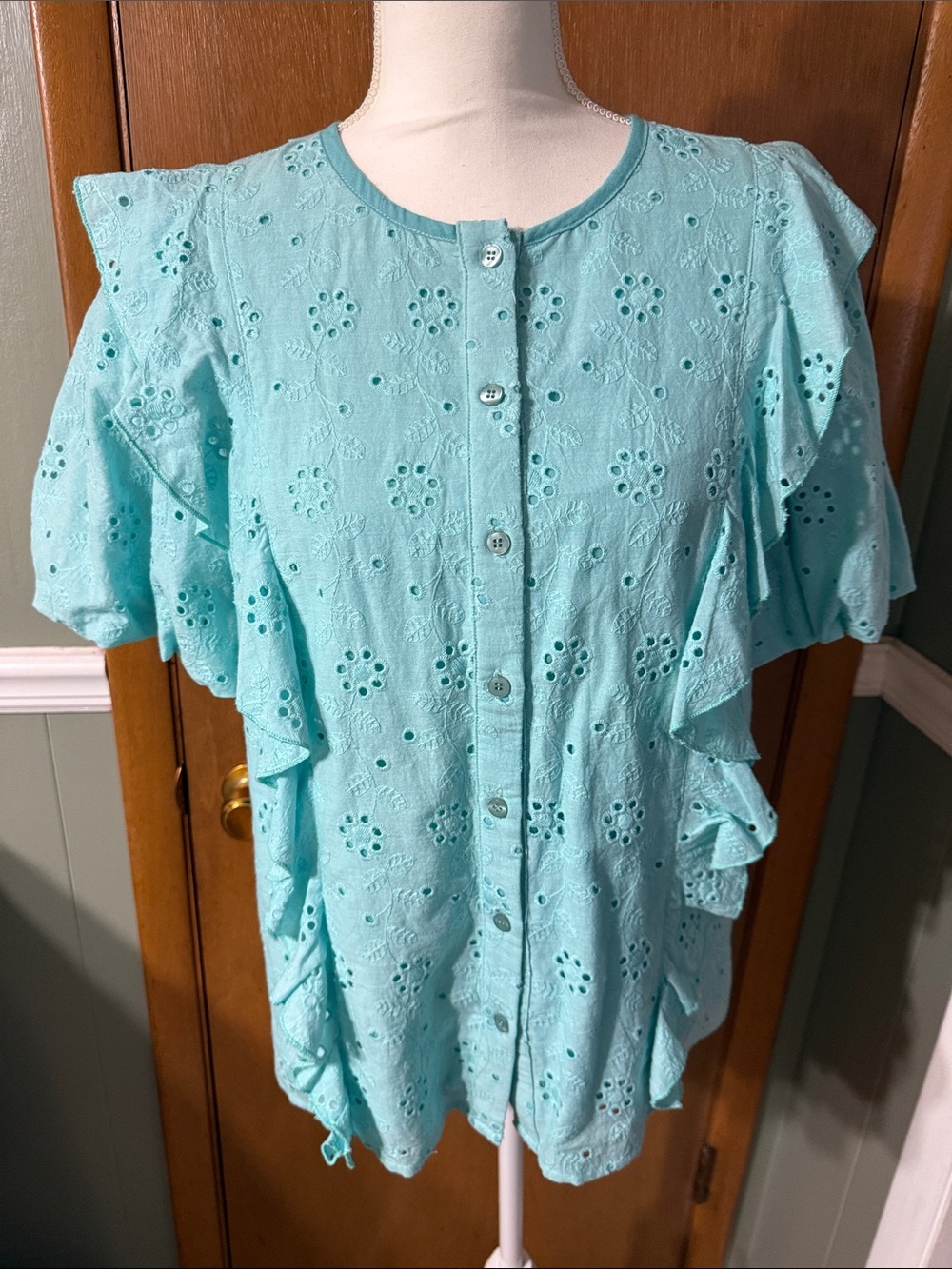 Annie wear Light Blue Eyelet Ruffle Button-Front Women's Top Size S